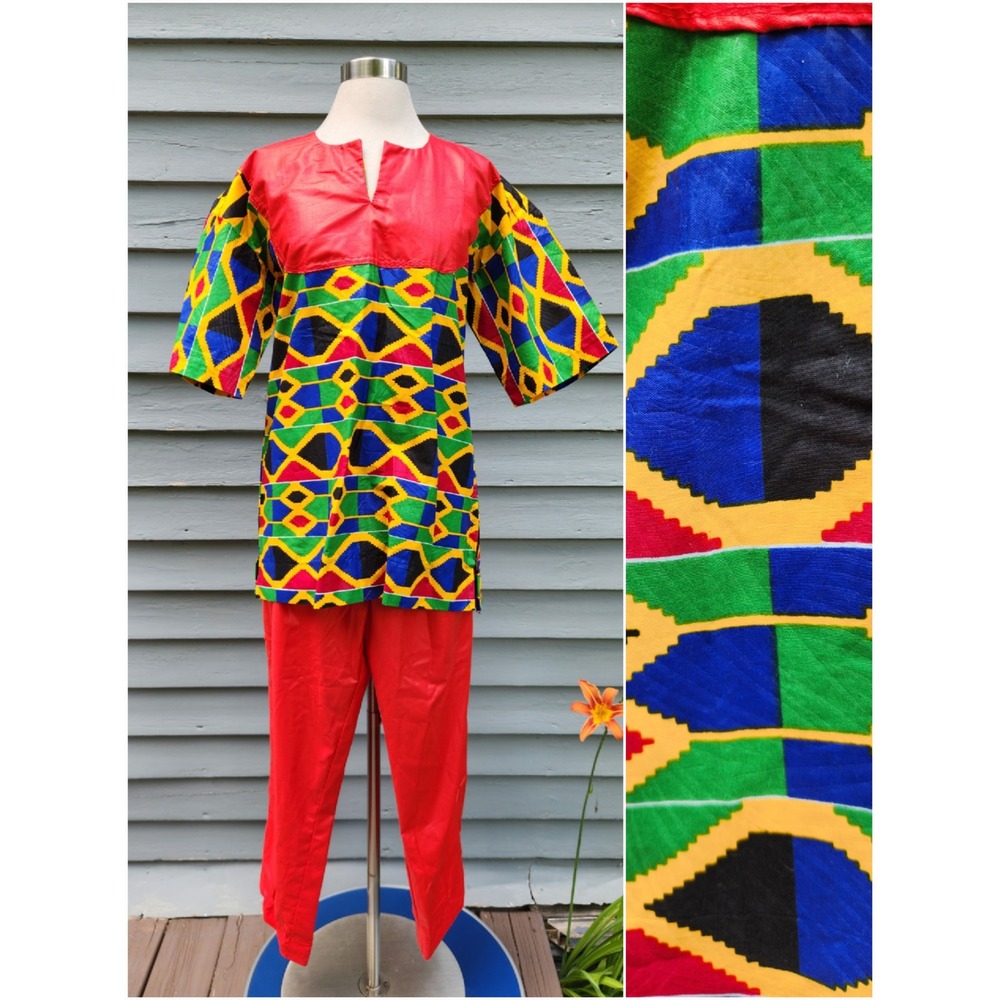 Handmade Vintage Dashiki Set Red Geometric Kente Print Tunic Pants Mens Large‎